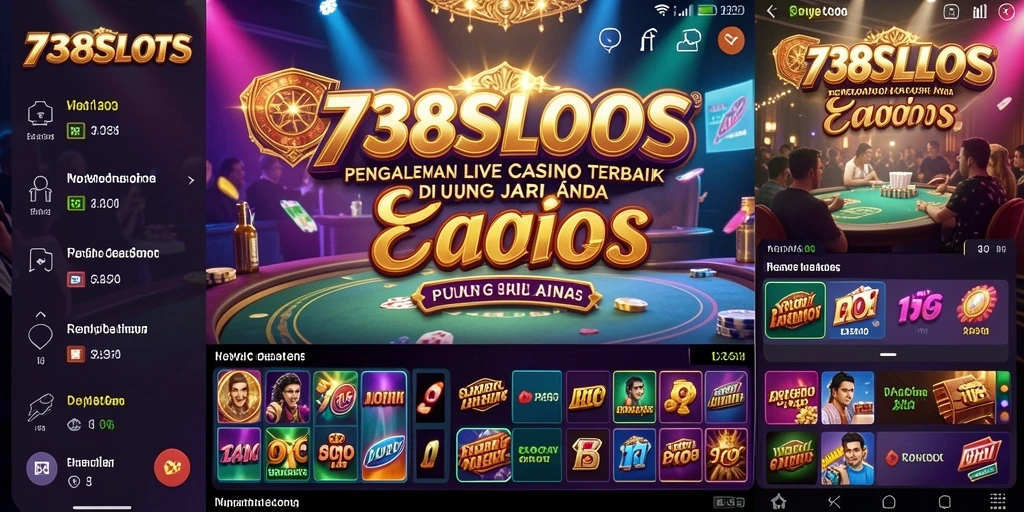 Screenshot permainan <strong>738SLOTS</strong> menunjukkan dealer interaktif di studio Live Casino.