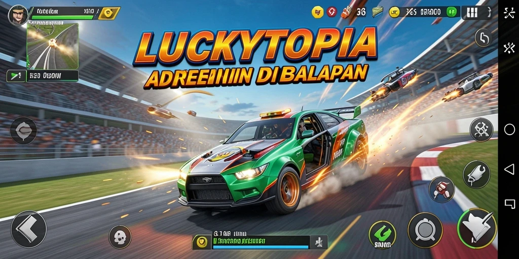Tangkapan layar gameplay LUCKYTOPIA menampilkan balapan yang mendebarkan di lintasan yang keren.