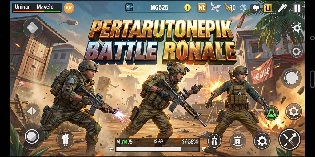 Screenshot utama MG525 menampilkan aksi seru dalam pertempuran Battle Royale.