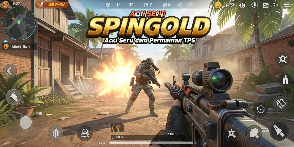 Screenshot gameplay SPINGOLD menampilkan aksi tembak-menembak yang intens dan mendebarkan.